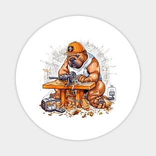 A Carpenter English Bulldog with a saw and sandpaper, carving a wooden sculpture of itself Magnet